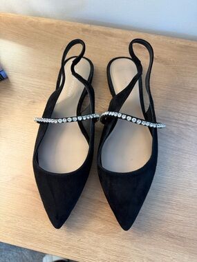 Stuart Weitzman Black Pointed Slingback Flats with Crystal Strap